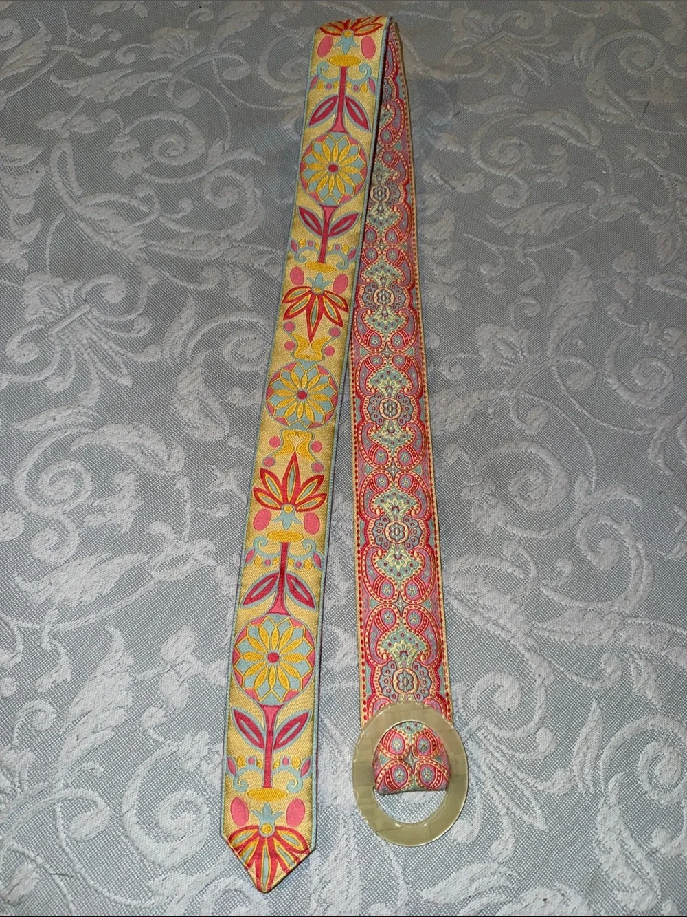 Embroidered Floral Jacquard Belt in Yellow and Pink Reversible